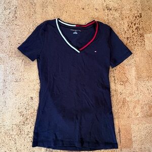 Tommy Hilfiger Women's Navy V-Neck Tee with Red and White Trim
